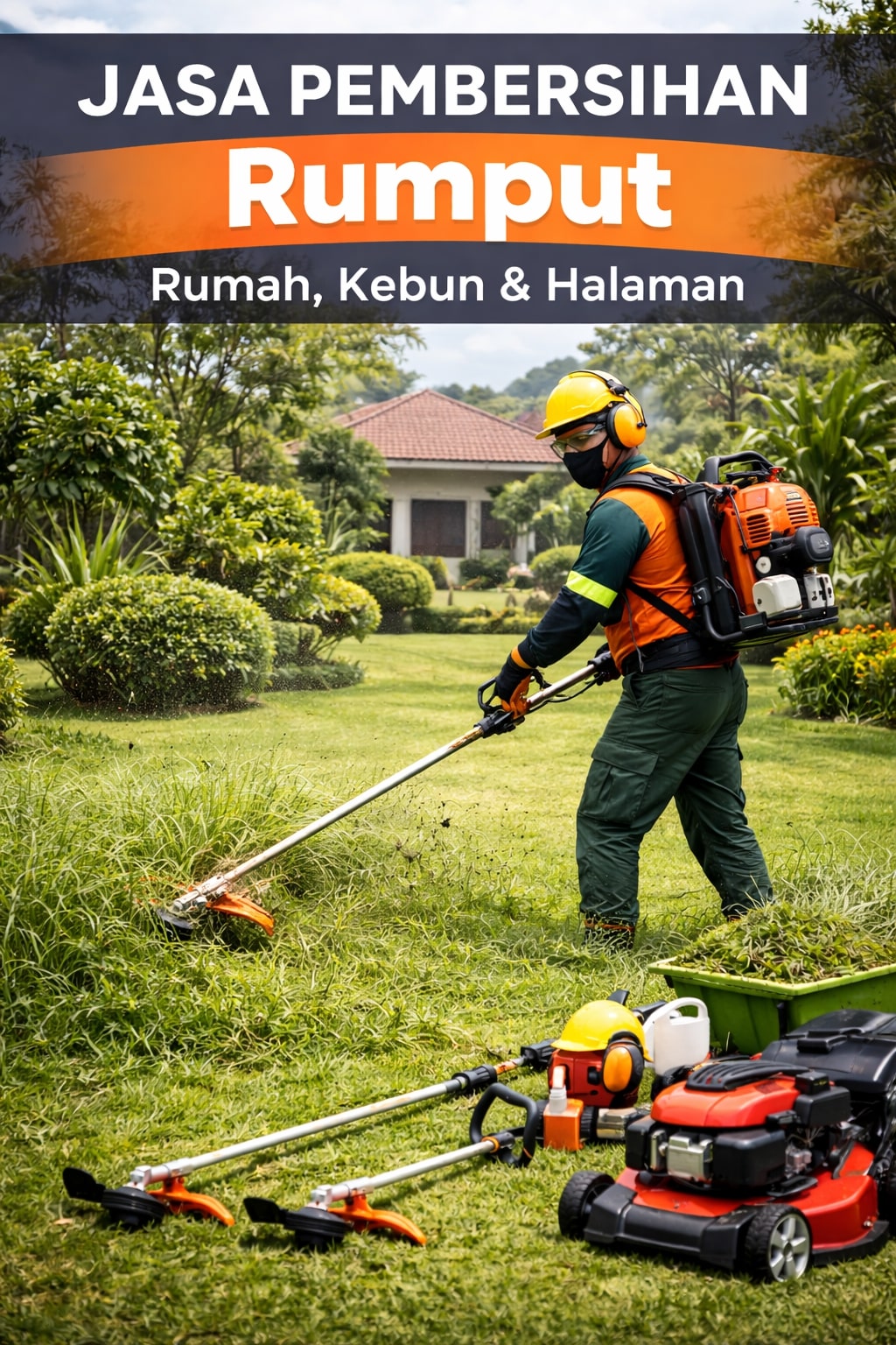 Tukang potong rumput profesional sedang bekerja di halaman rumah Tasikmalaya - Sebelum dan Sesudah